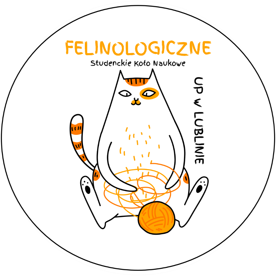 logo fenologicznego studenckiego koła naukowego. Rysunkowy biało-rudy kot bawi się pomarańczowym kłębkiem włóczki