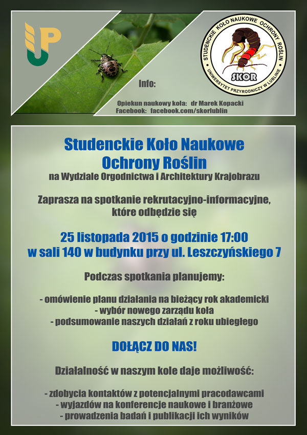 plakat Spotkanie rekrutacyjno-informacyjne Studenckiego Koła Naukowego Ochrony Roślin "SKOR"