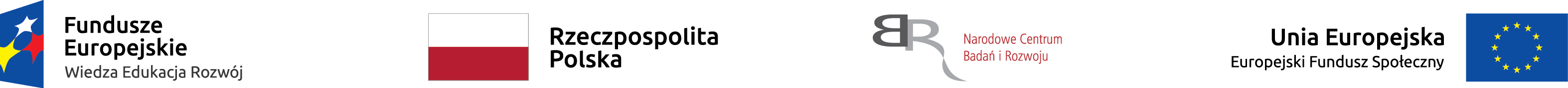 w jednej linii od lewej logotyp funduszy europejskich, flaga Polski z napisem obok: Rzeczpospolita Polska, logo Narodowego Centrum Badań i Rozwoju, potem napis 