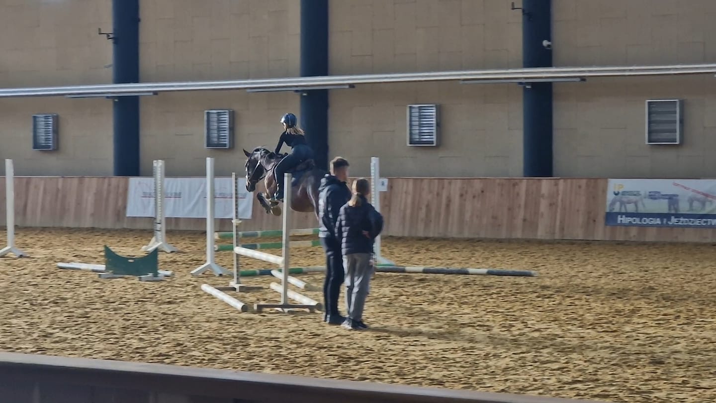 na placu jeździeckim dziewczyna na koniu przeskakuje przeszkodę; w pobliżu stoją trener i asystentka