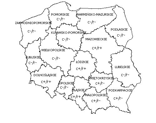 mapa polski z podziałem na podane poniżej objaśnienia
