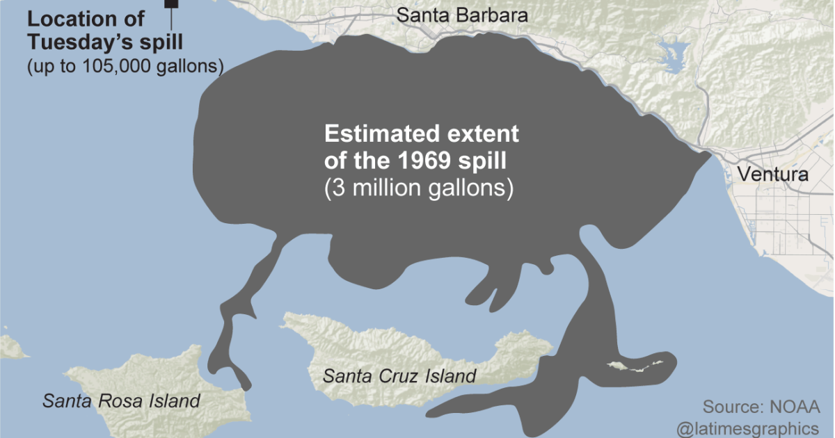 mapa z zaznaczonym obszarem rozlania ropy w 1969