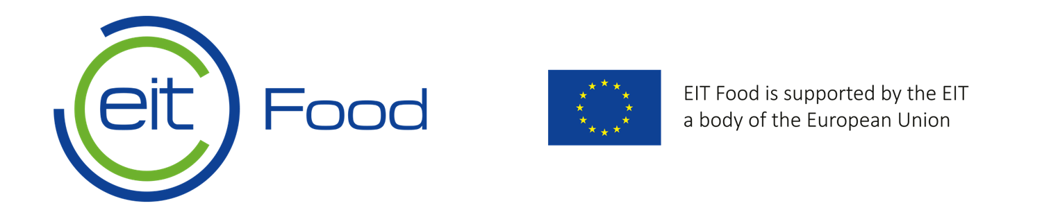 logo Eit Food zielone koło wpisane w niebieskie koło, obok flaga Unii Europejskiej: żółte gwiazdy w kręgu na granatowym tle