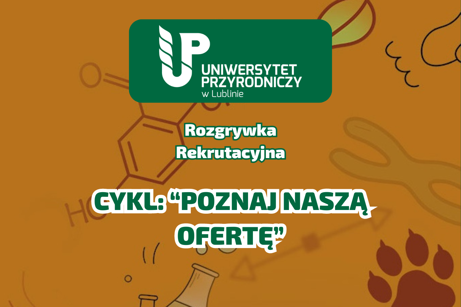 pomarańczowe tło z liśćmi, logo UP w Lublinie, napis "rozgrywka rekrutacyjna", pod spodem napis "Cykl: Poznaj naszą ofertę"