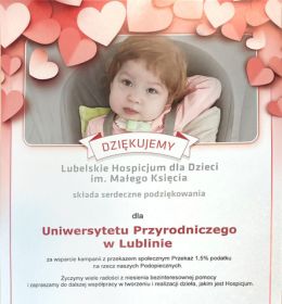 Pomagamy z serca - podziękowania dla Uniwersytetu Przyrodniczego w Lublinie za okazane wsparcie