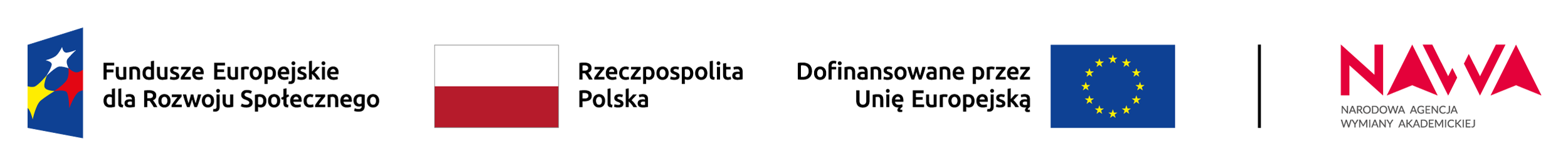 logotyp Fundusze Europejskie dla Rozwoju Społecznego, flaga Polski i napis Rzeczpospolita Polska, napis Dofinasowano przez Unię Europejską i flala Unii, logotyp Narodowa Agencja Wymiany Akademickiej
