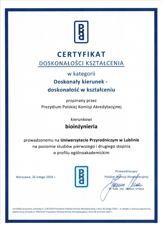 certyfikat doskonałości kształcenia dla kierunku bioinżynieria