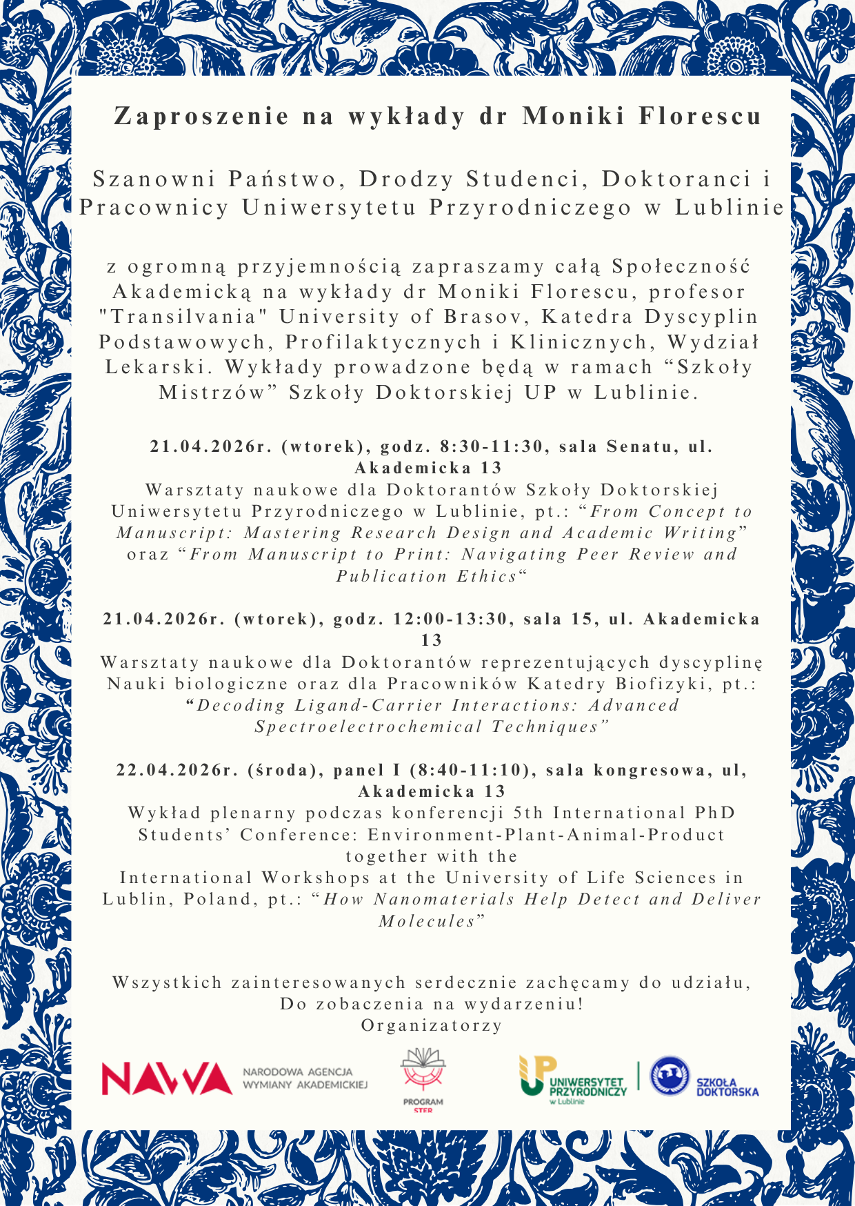 Wykłady i warsztaty dr Moniki Florescu na Uniwersytecie Przyrodniczym w Lublinie