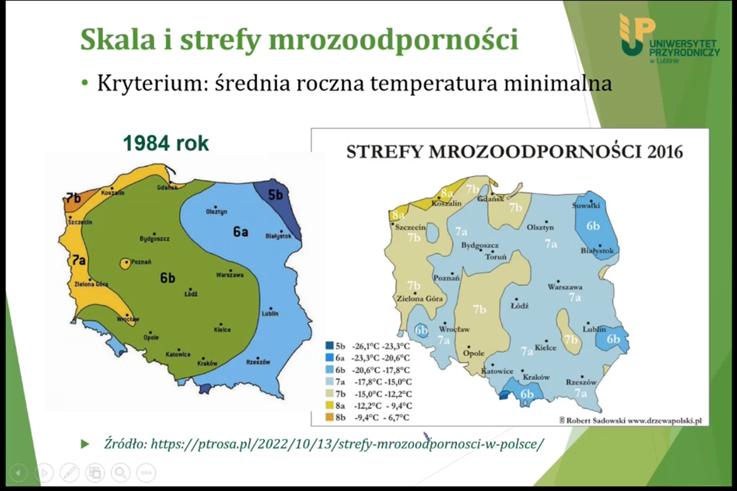mapy Polski zmiany mrozoodporności w ciągu 32 lat