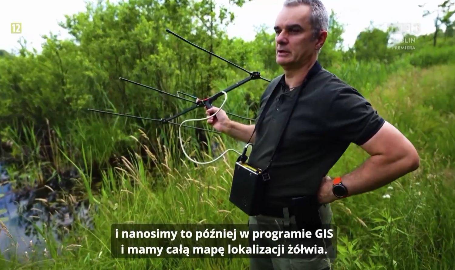dr Mariusz Wójcik trzymający specjalistyczny sprzęt do lokalizacji żółwi błotnych