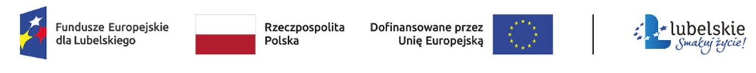 logo: niebiesko-żółto-biało-czerwone Funduszy Europejskich, biało-czerwone RP, niebieskie i żółte Unii i niebieskie woj. lubelskiego